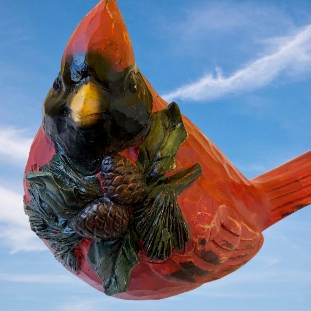 Red Cardinal Bird Figurine Wood Carved Look Resin Holly Pinecones Christmas